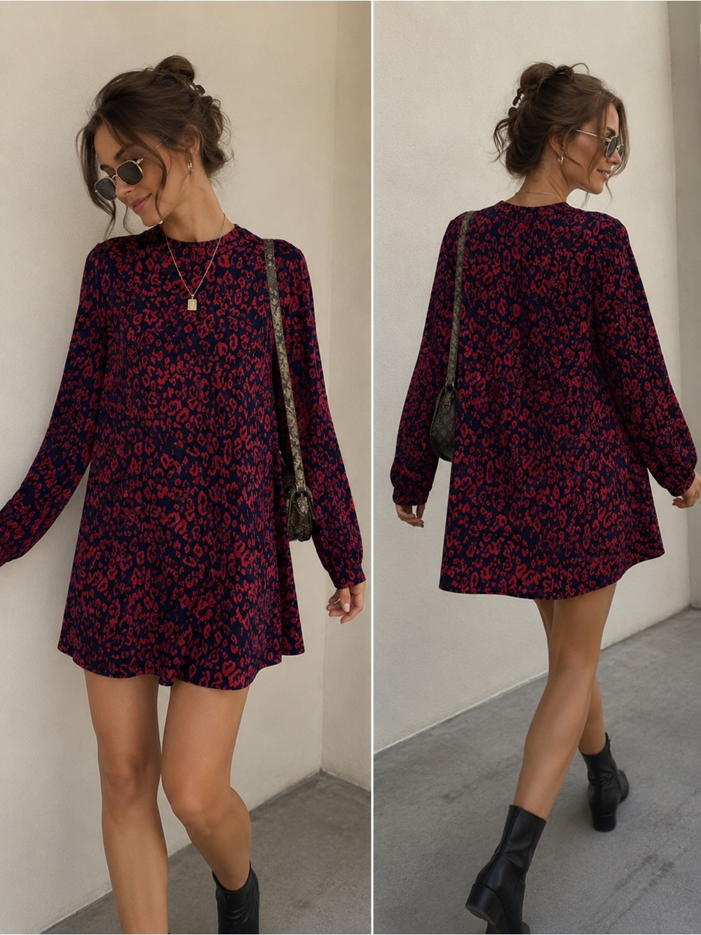 Long Sleeve Red Leopard Print Shift Dress